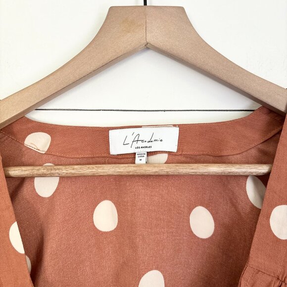 L' Academie The Lydie top in a rust/brown with large white polka dots sz med - Picture 4 of 6